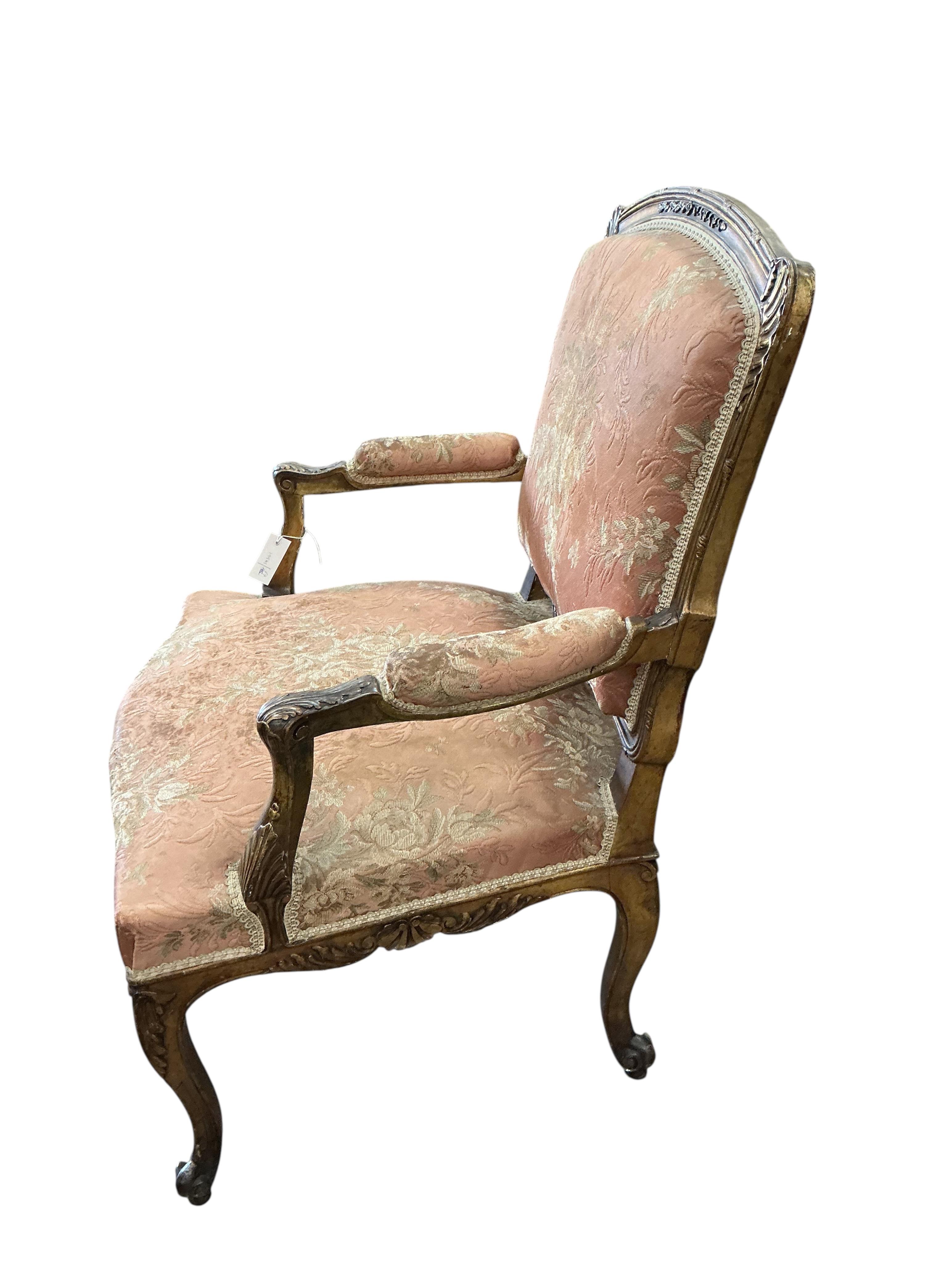 A 19th century French giltwood fauteuil, width 70cm, depth 52cm, height 93cm
